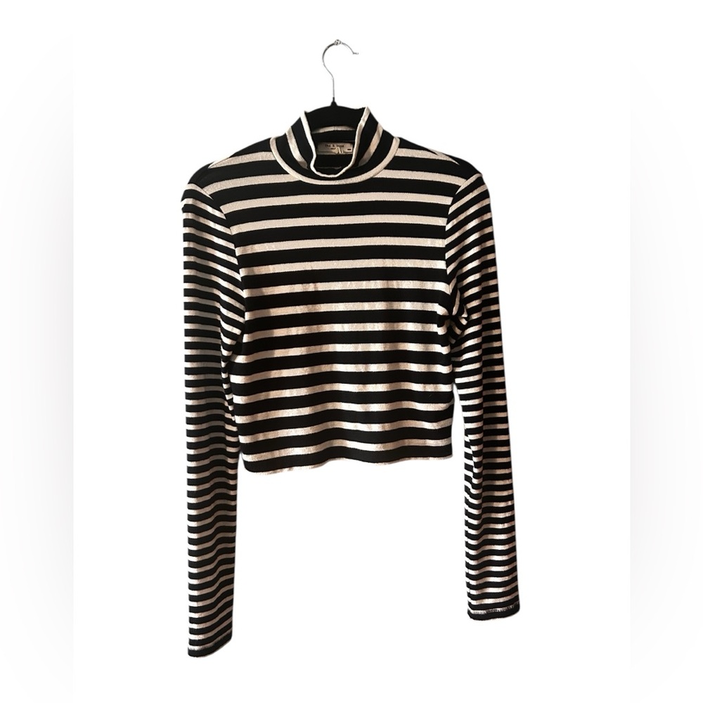 Rag & Bone Striped Navy white Mock Neck Cropped Long Sleeve Top Size Medium